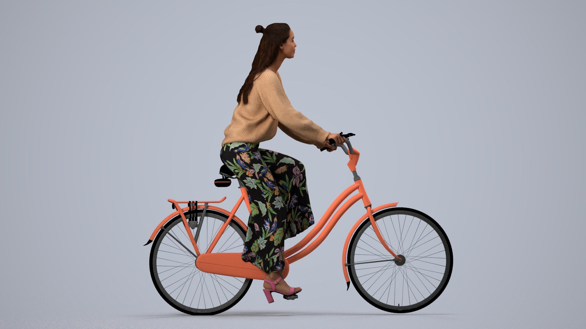 3D human model woman casual cycling, photogrammetry scanned person for archviz, side view render