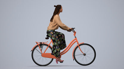 3D human model woman casual cycling, photogrammetry scanned person for archviz, side view render