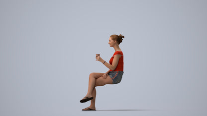 realistic 3D human girl casual sitting, archviz people FBX OBJ for Blender, three-quarter view render