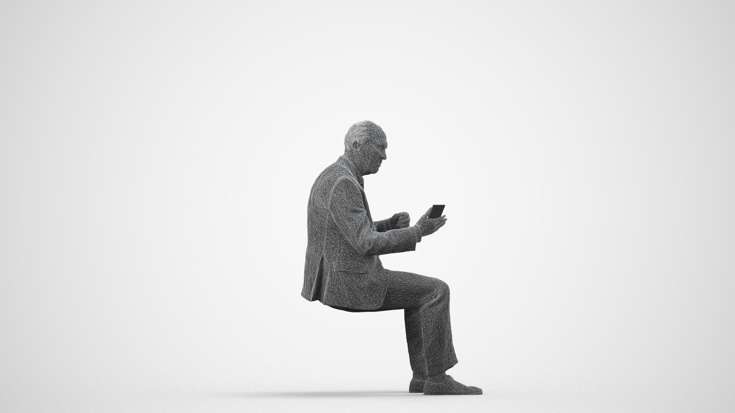 realistic 3D senior man business sitting, scanned archviz people for Blender and 3ds Max, wireframe side view