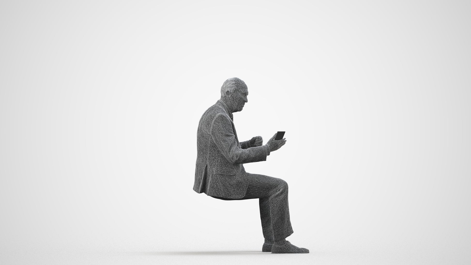 realistic 3D senior man business sitting, scanned archviz people for Blender and 3ds Max, wireframe side view