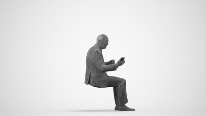 realistic 3D senior man business sitting, scanned archviz people for Blender and 3ds Max, wireframe side view