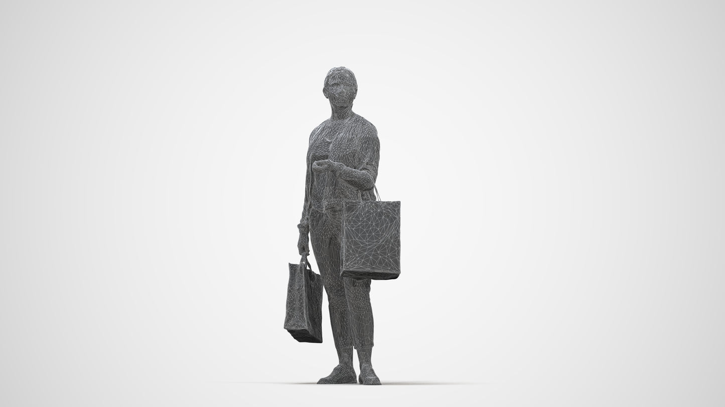 3D scanned woman shopping casual, photorealistic archviz people for Enscape and SketchUp, wireframe back view