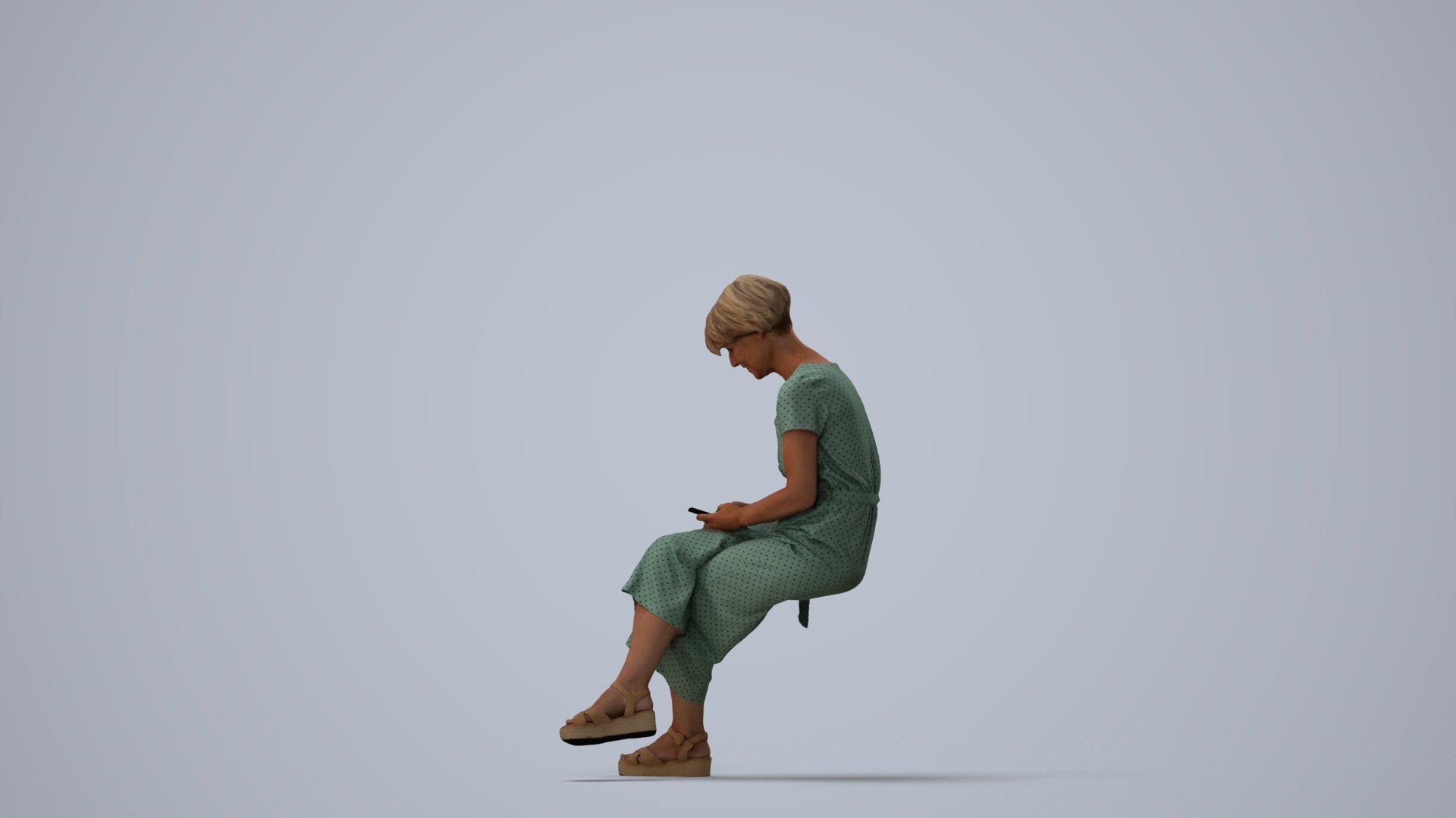 photogrammetry 3D senior woman casual sitting, realistic human model archviz FBX, three-quarter view render