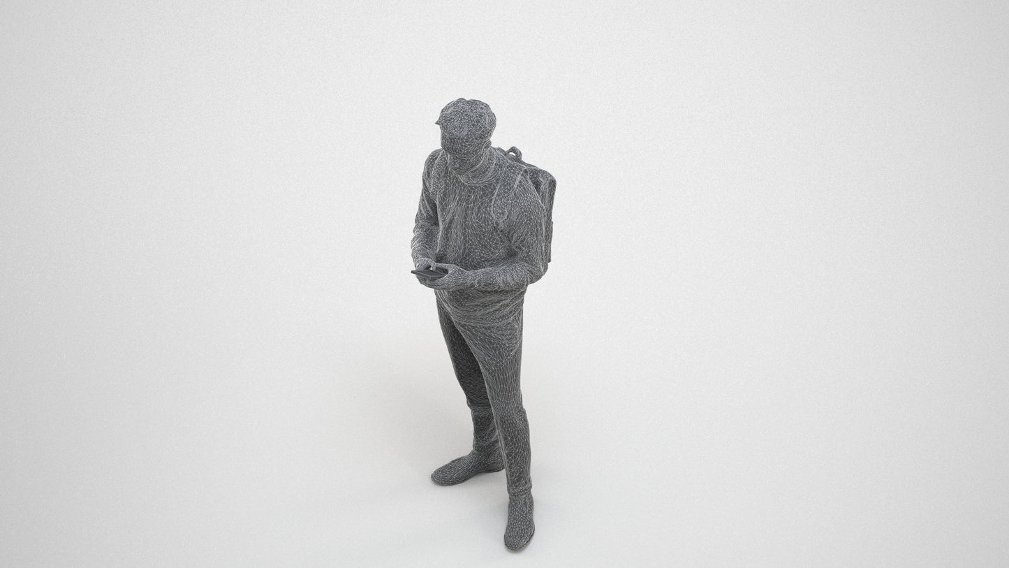 3D people model man casual standing, scanned human for 3ds Max rendering, wireframe three-quarter view