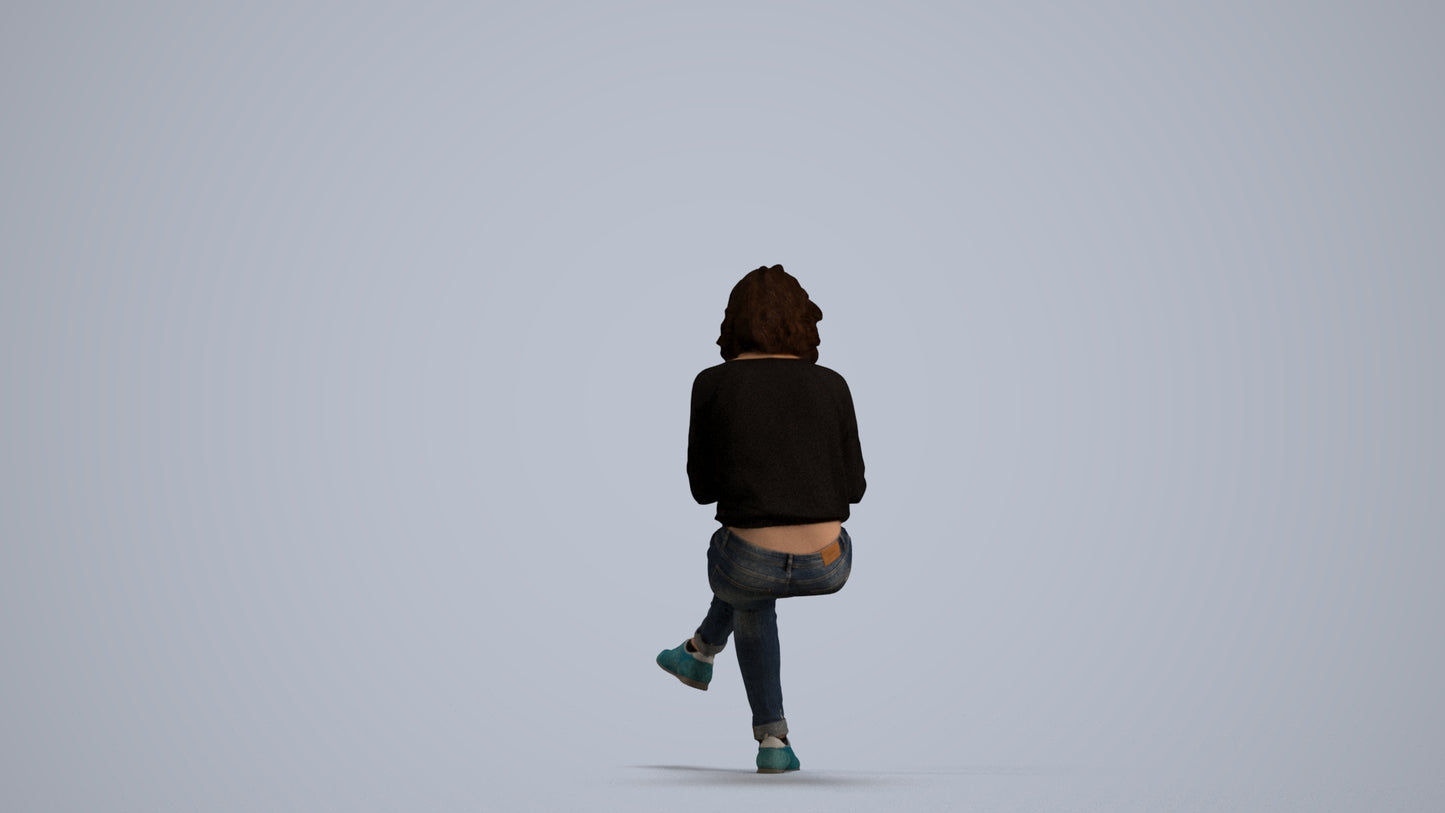 3D human model woman casual sitting, photogrammetry scanned person for archviz, front view render