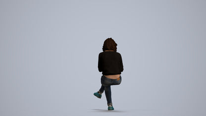 3D human model woman casual sitting, photogrammetry scanned person for archviz, front view render