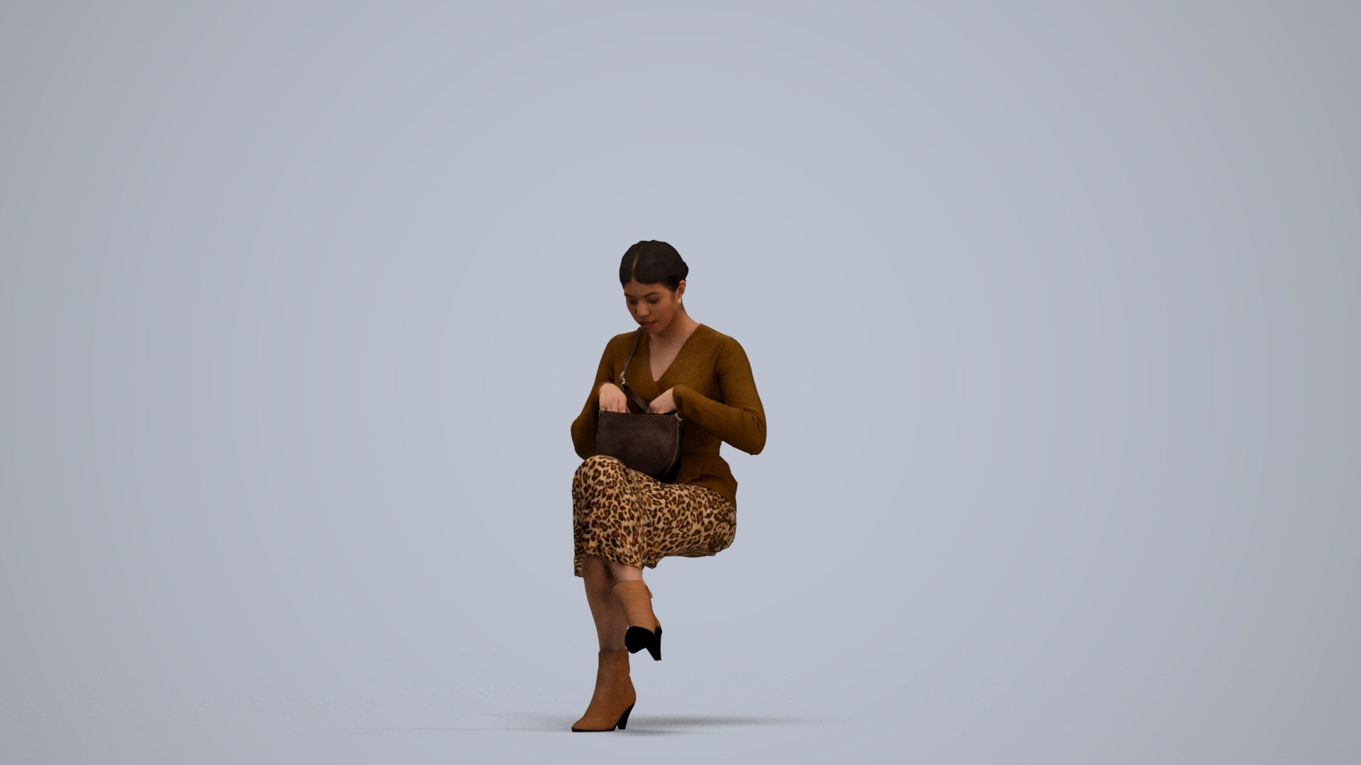 3D scanned woman sitting casual, photorealistic archviz people for Enscape and SketchUp, standing pose render