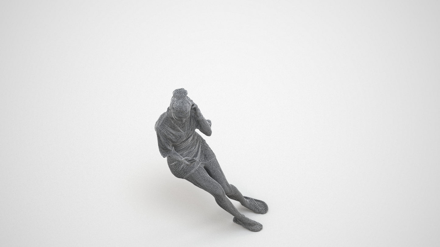 3D human model woman casual sitting, photogrammetry scanned person for archviz, wireframe three-quarter view