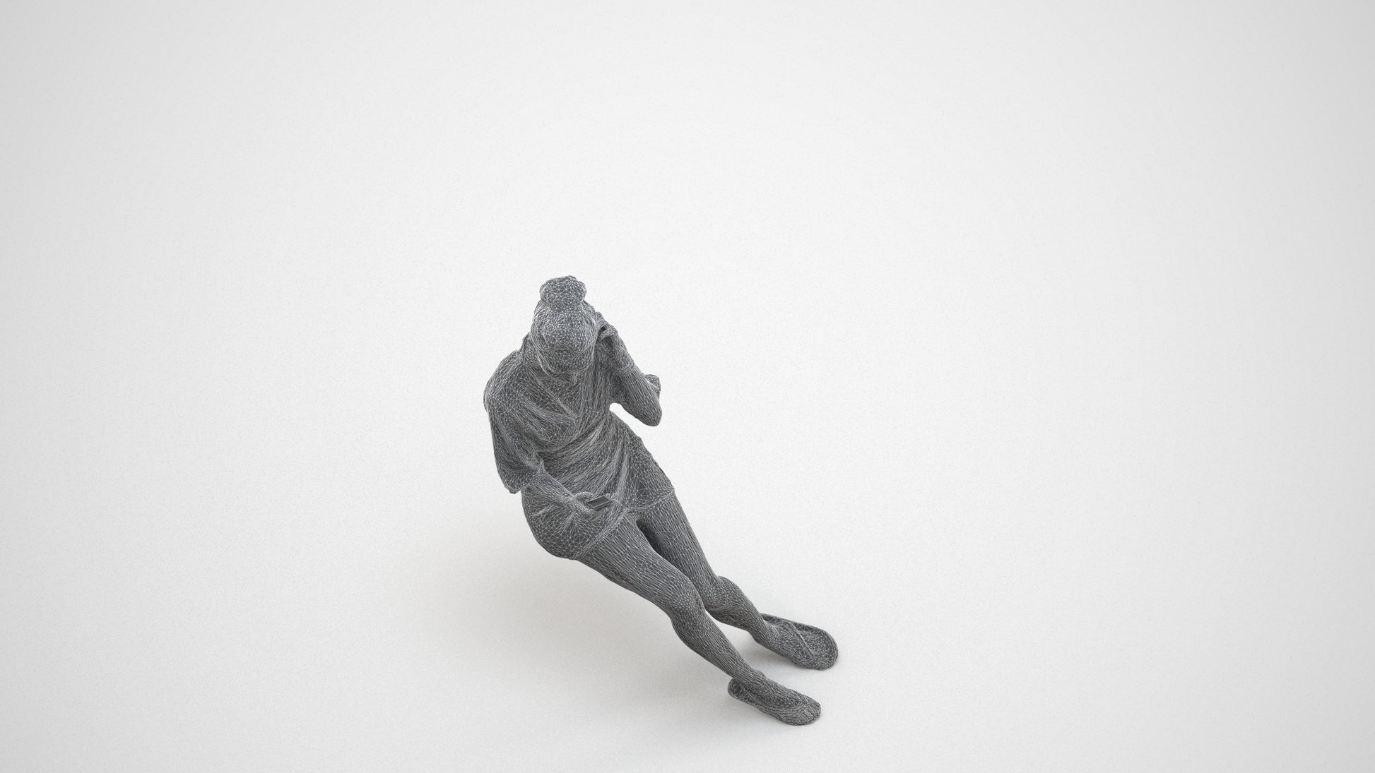 3D human model woman casual sitting, photogrammetry scanned person for archviz, wireframe three-quarter view
