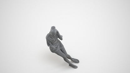 3D human model woman casual sitting, photogrammetry scanned person for archviz, wireframe three-quarter view