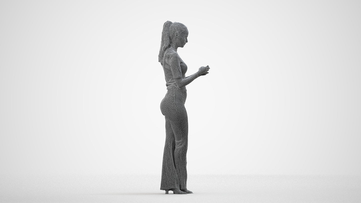 scanned 3D woman casual standing, photogrammetry people for Enscape and V-Ray, wireframe side view