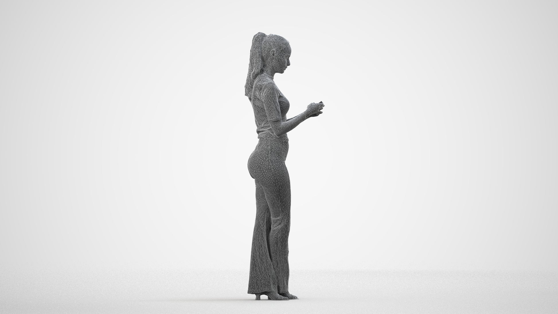 scanned 3D woman casual standing, photogrammetry people for Enscape and V-Ray, wireframe side view