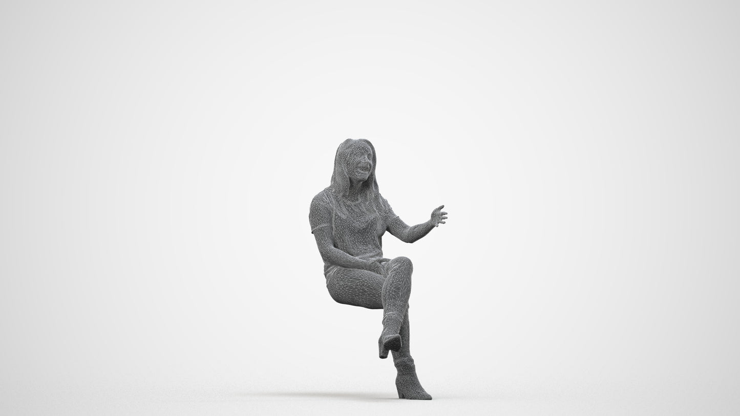 3D scanned woman sitting casual, photorealistic archviz people for Enscape and SketchUp, wireframe side view