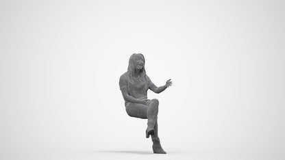3D scanned woman sitting casual, photorealistic archviz people for Enscape and SketchUp, wireframe side view
