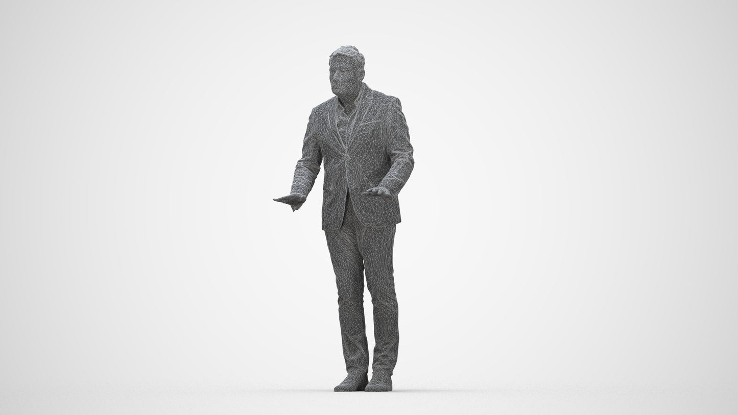 3D people model man business standing, scanned human for 3ds Max rendering, wireframe back view