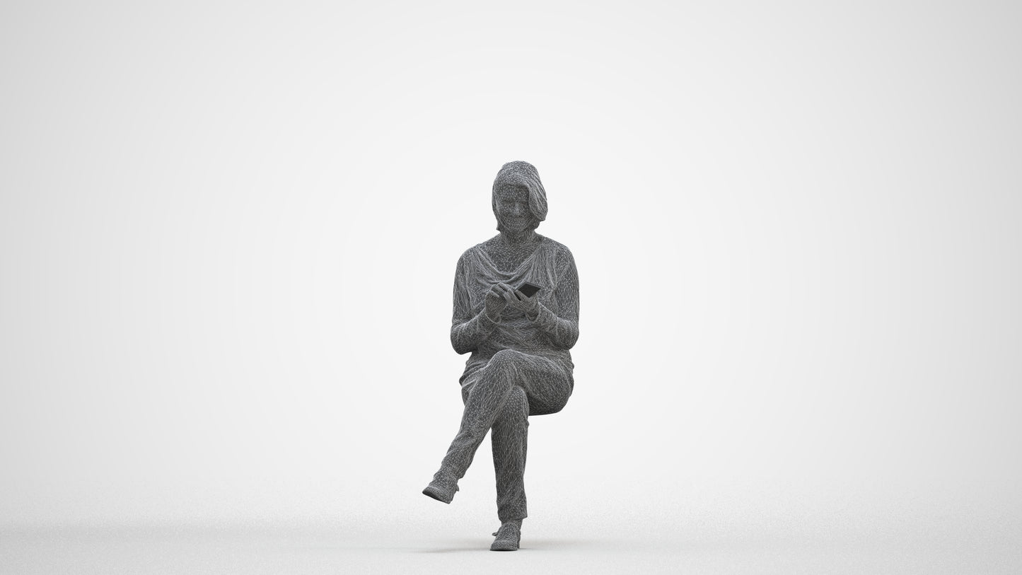 3D people model woman casual sitting, scanned human for 3ds Max rendering, three-quarter front view render