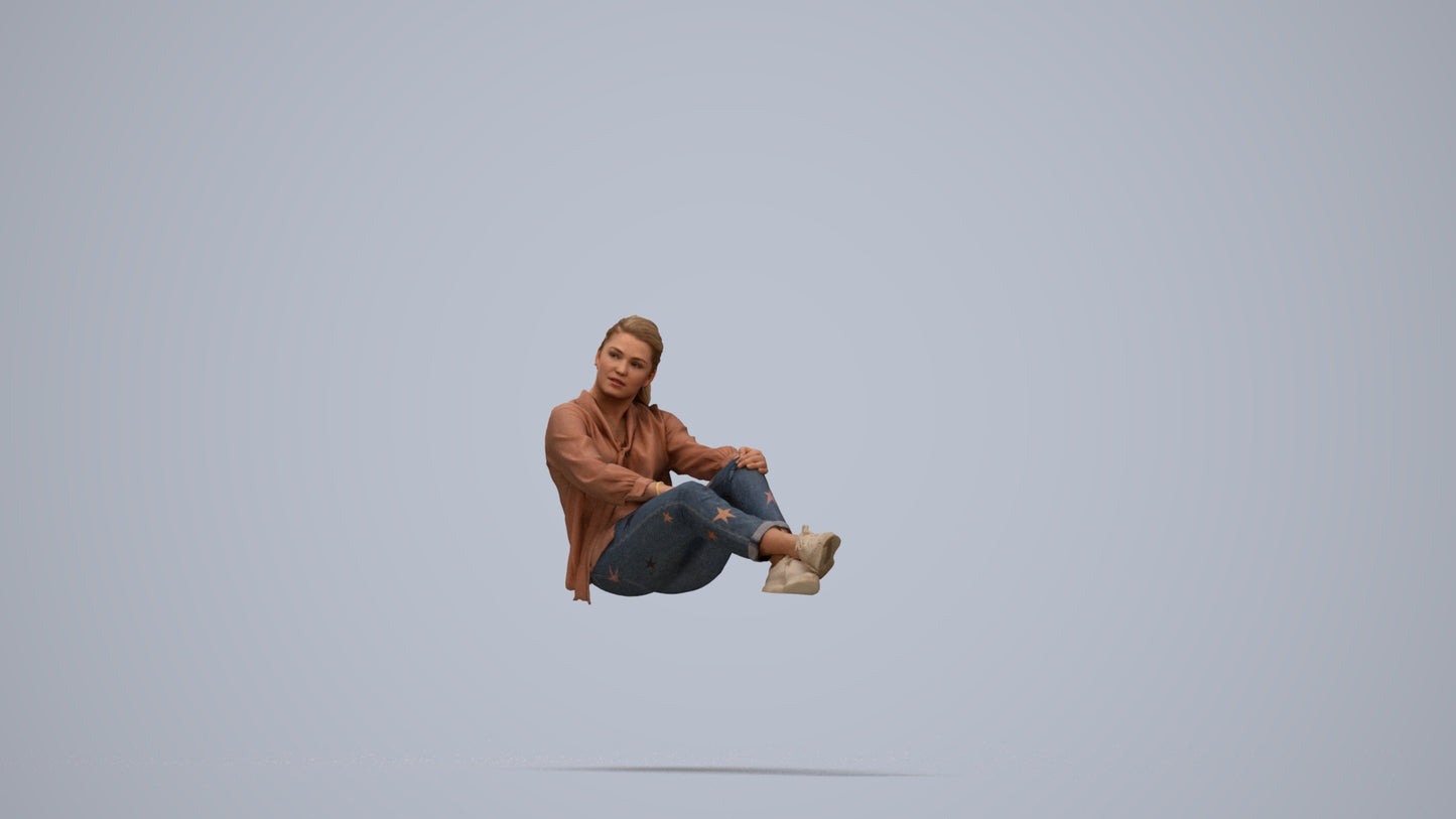 realistic 3D woman casual sitting, scanned archviz people for Blender and 3ds Max, top-down view render