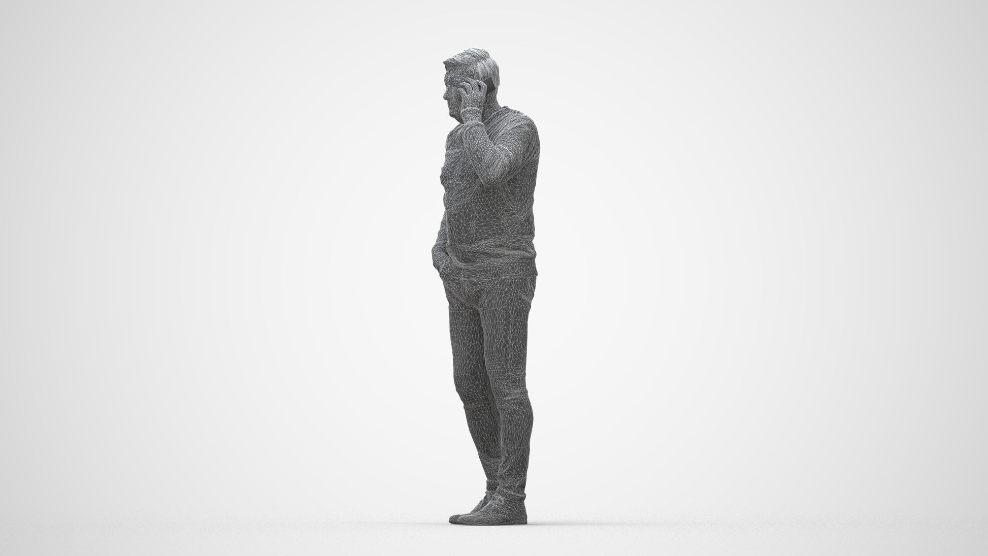 3D human model man casual standing, photogrammetry scanned person for archviz, wireframe back view
