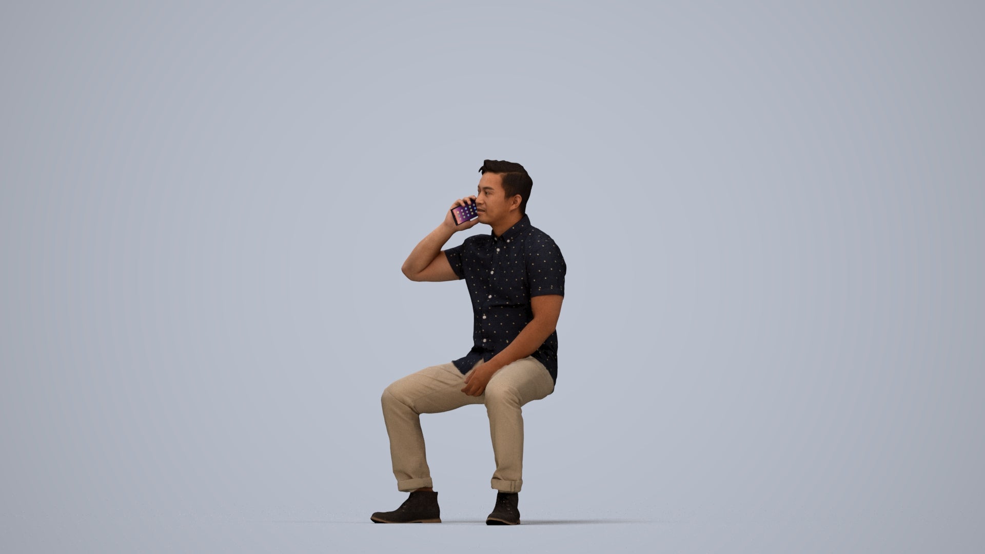 3D human model man business, photogrammetry scanned person for archviz, top-down view render