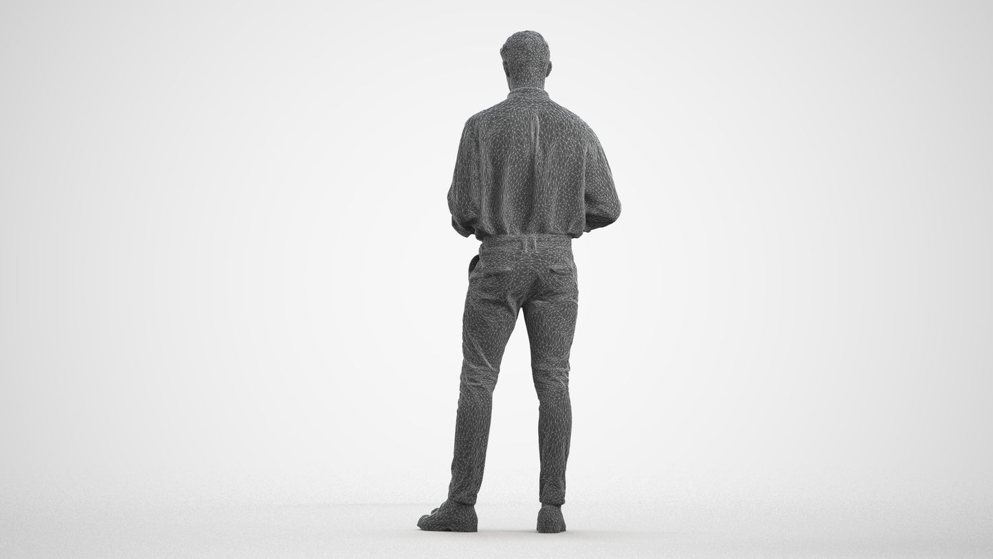 3D people model man casual standing, scanned human for 3ds Max rendering, wireframe front view