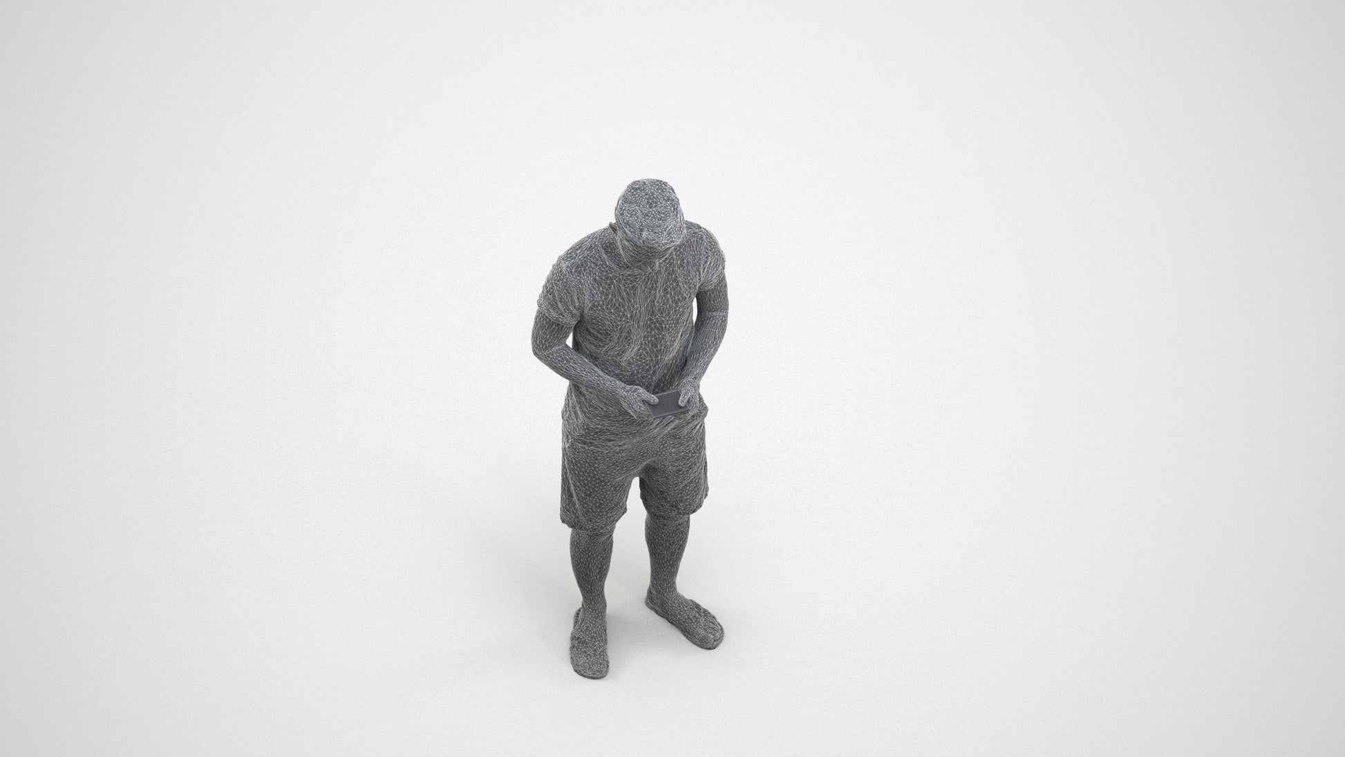 realistic 3D human man standing, archviz people FBX OBJ for Blender, wireframe three-quarter view