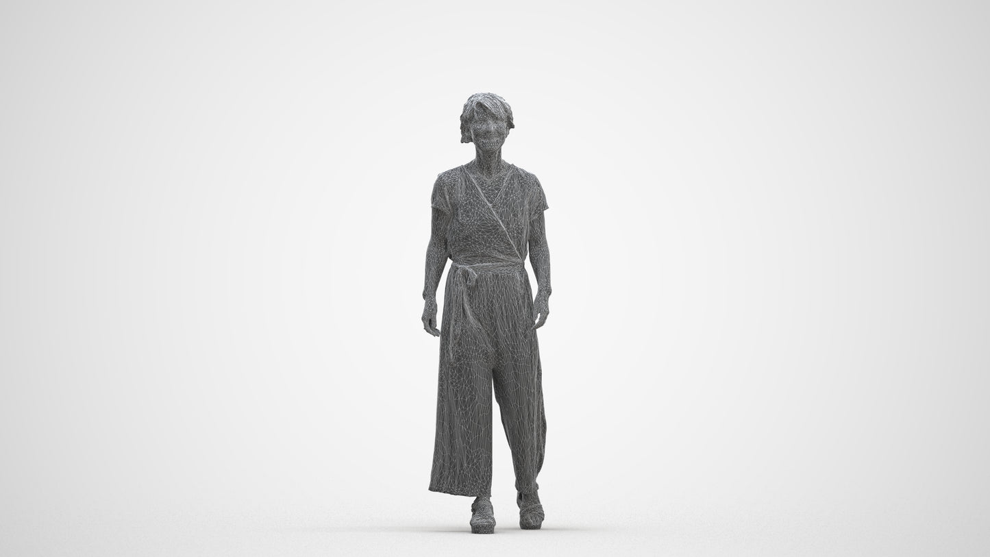 3D human model senior woman casual walking, photogrammetry scanned person for archviz, three-quarter front view render