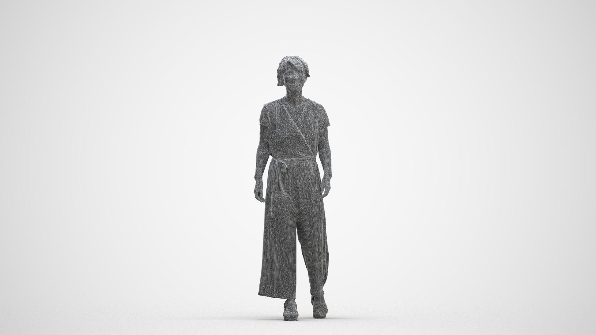 3D human model senior woman casual walking, photogrammetry scanned person for archviz, three-quarter front view render