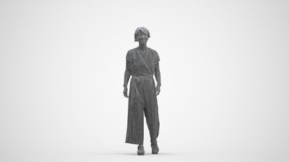 3D human model senior woman casual walking, photogrammetry scanned person for archviz, three-quarter front view render