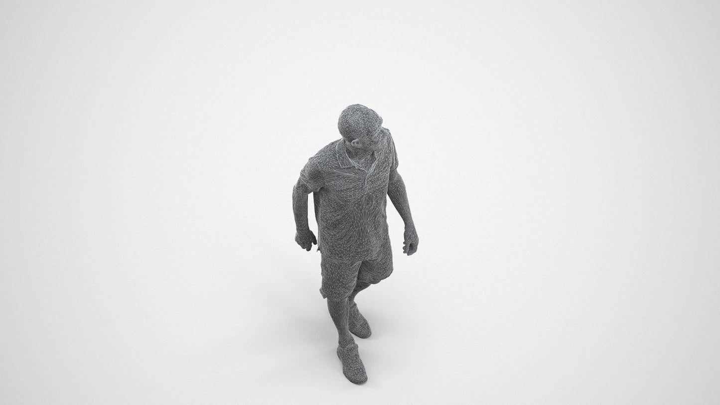 3D human model senior man sport, photogrammetry scanned person for archviz, wireframe three-quarter view