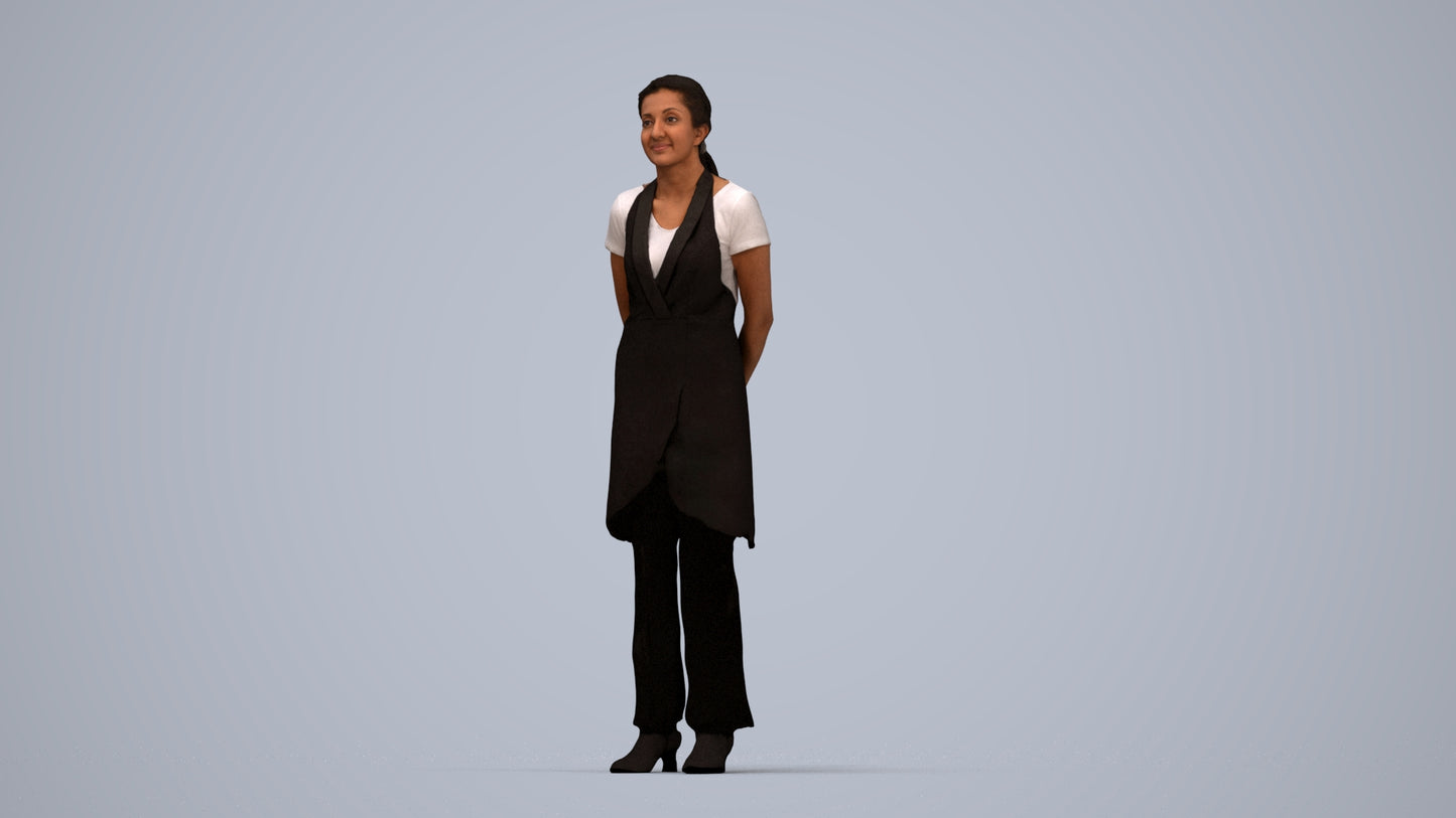 realistic 3D woman hospitality, scanned archviz people for Blender and 3ds Max, top-down view render