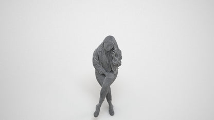 realistic 3D human woman casual sitting, archviz people FBX OBJ for Blender, wireframe three-quarter view