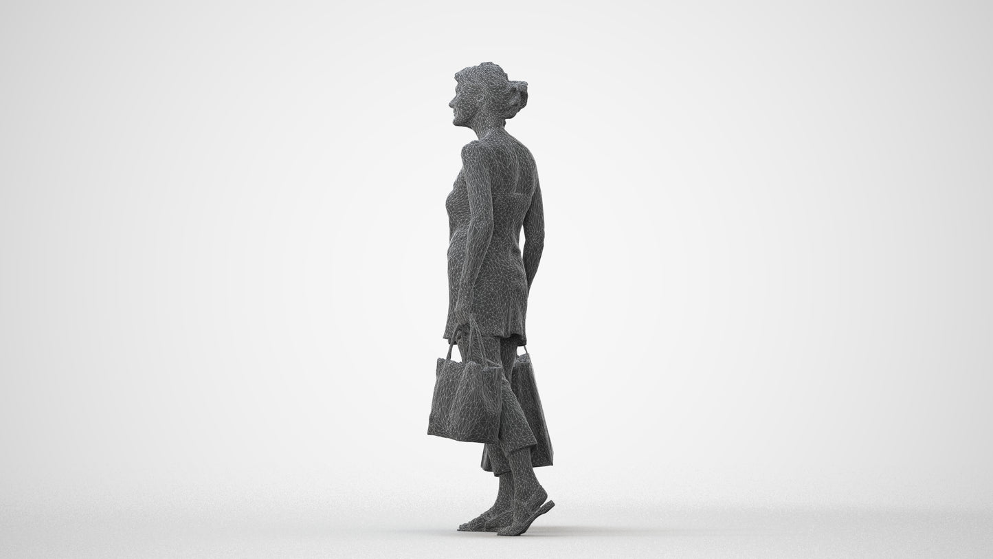 3D human model senior woman casual shopping, photogrammetry scanned person for archviz, square thumbnail