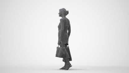 3D human model senior woman casual shopping, photogrammetry scanned person for archviz, square thumbnail