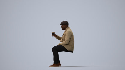3D scanned man sitting casual, photorealistic archviz people for Enscape and SketchUp, three-quarter view render