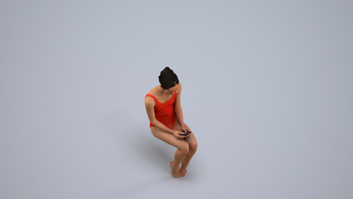 realistic 3D human woman casual pool, archviz people FBX OBJ for Blender, back view render