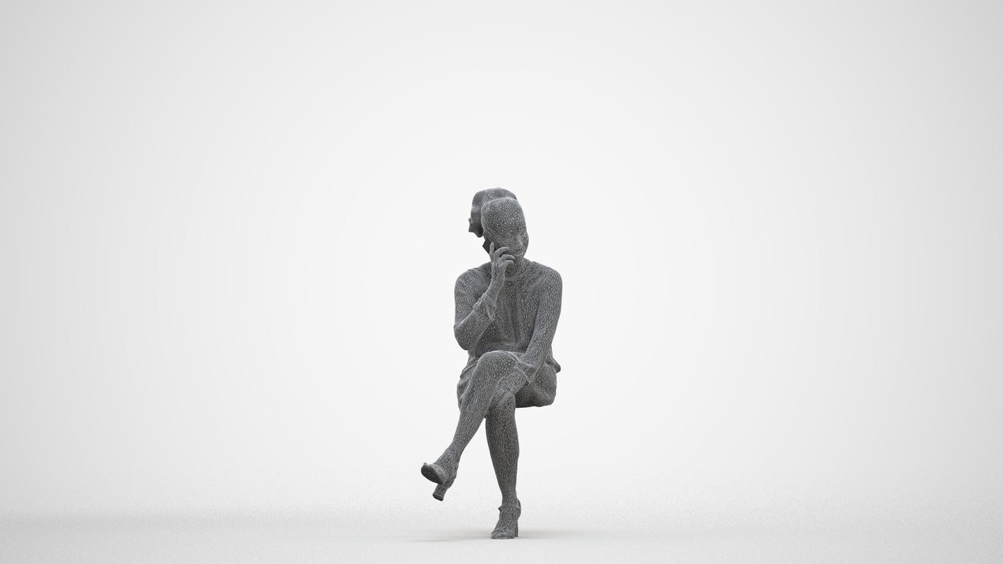 3D people model woman casual sitting, scanned human for 3ds Max rendering, three-quarter front view render