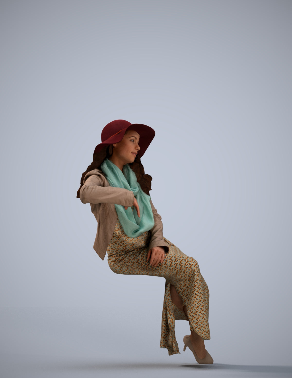 realistic 3D human woman casual sitting, archviz people FBX OBJ for Blender