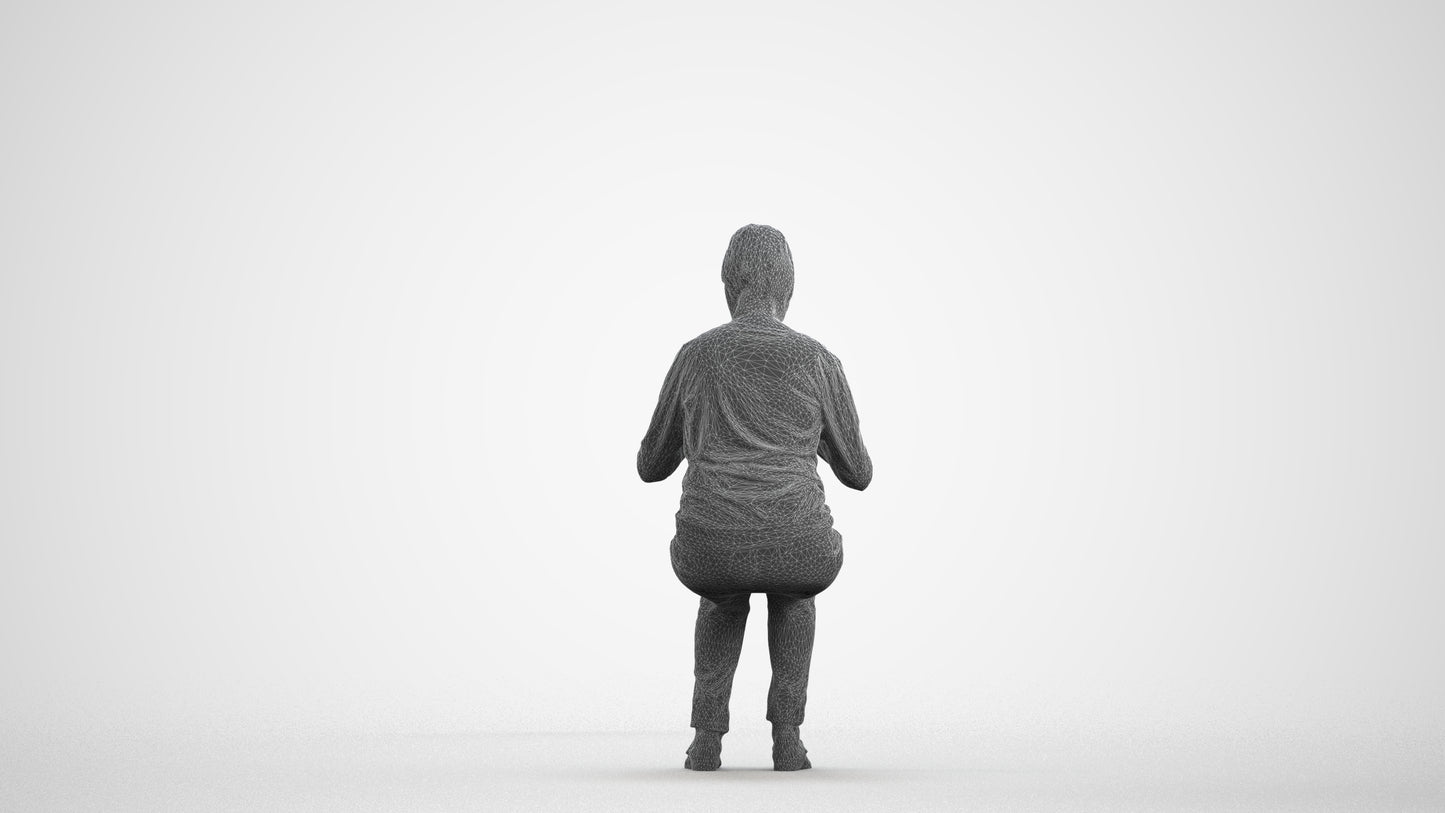 scanned 3D woman casual sitting, photogrammetry people for Enscape and V-Ray, wireframe front view