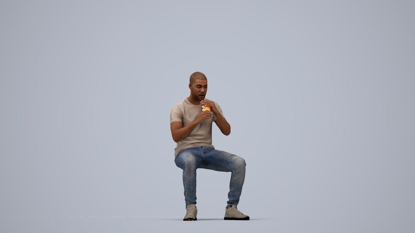 3D human model man casual sitting, photogrammetry scanned person for archviz, top-down view render