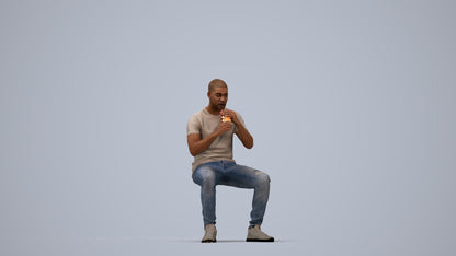 3D human model man casual sitting, photogrammetry scanned person for archviz, top-down view render
