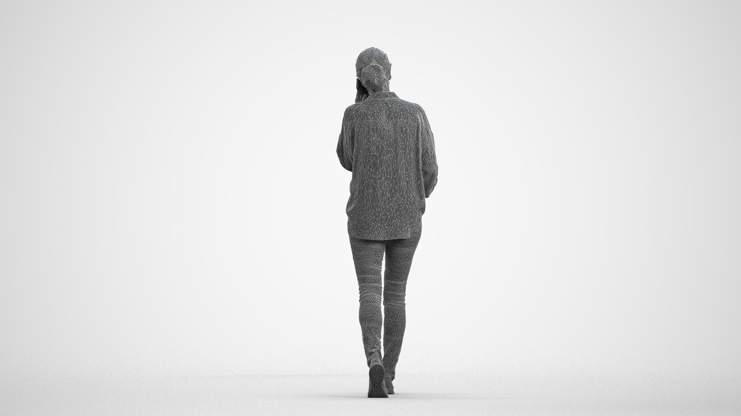 realistic 3D human woman casual walking, archviz people FBX OBJ for Blender, wireframe front view