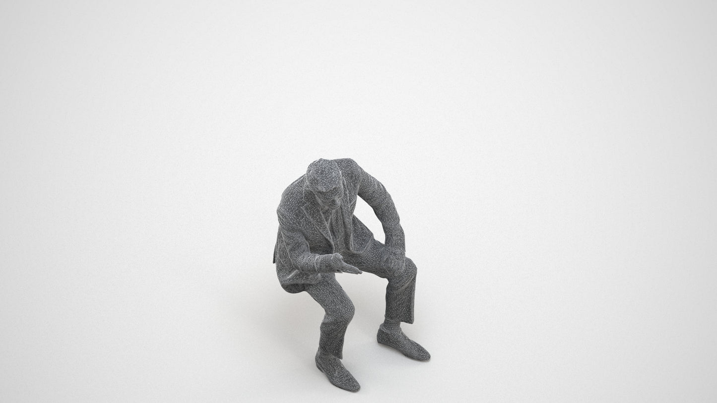 3D scanned senior man business, photorealistic archviz people for Enscape and SketchUp, wireframe three-quarter view