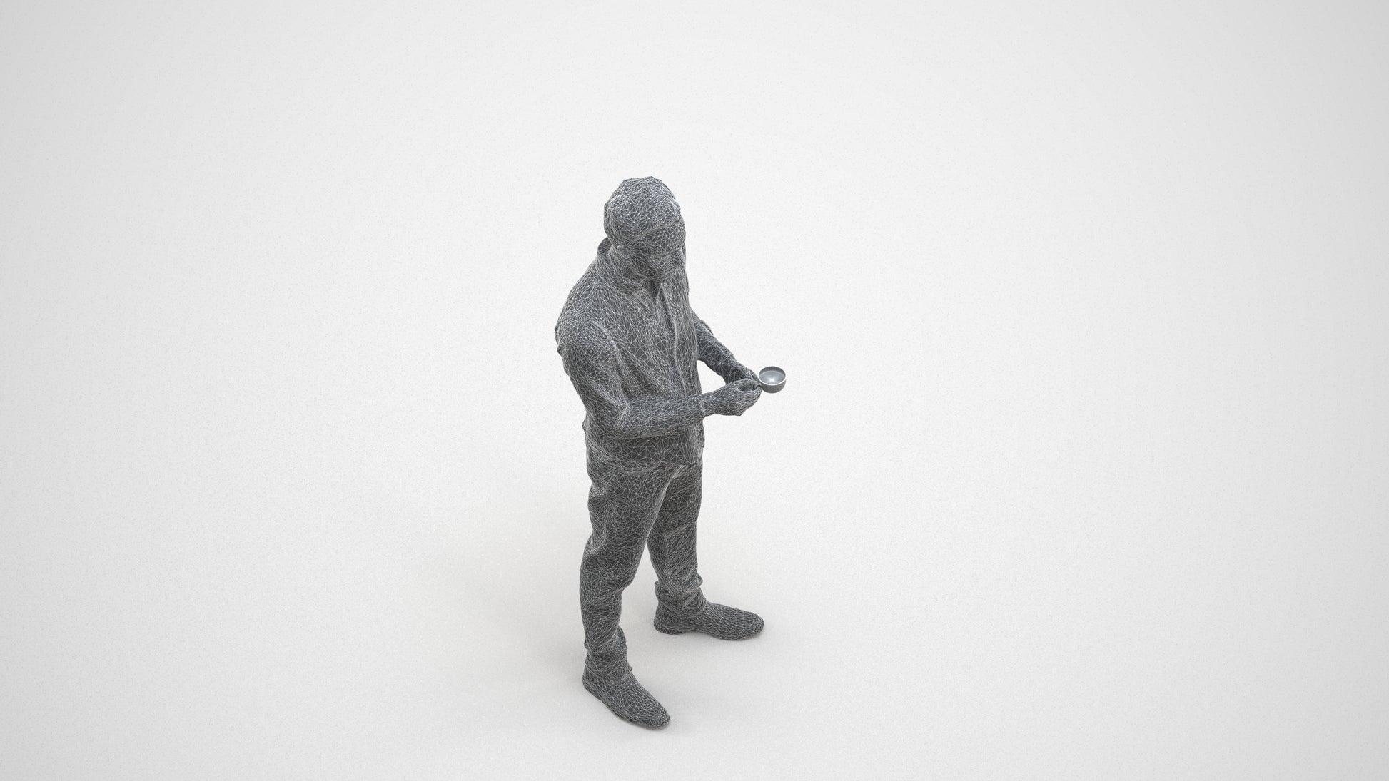 3D scanned man hospitality, photorealistic archviz people for Enscape and SketchUp, wireframe three-quarter view