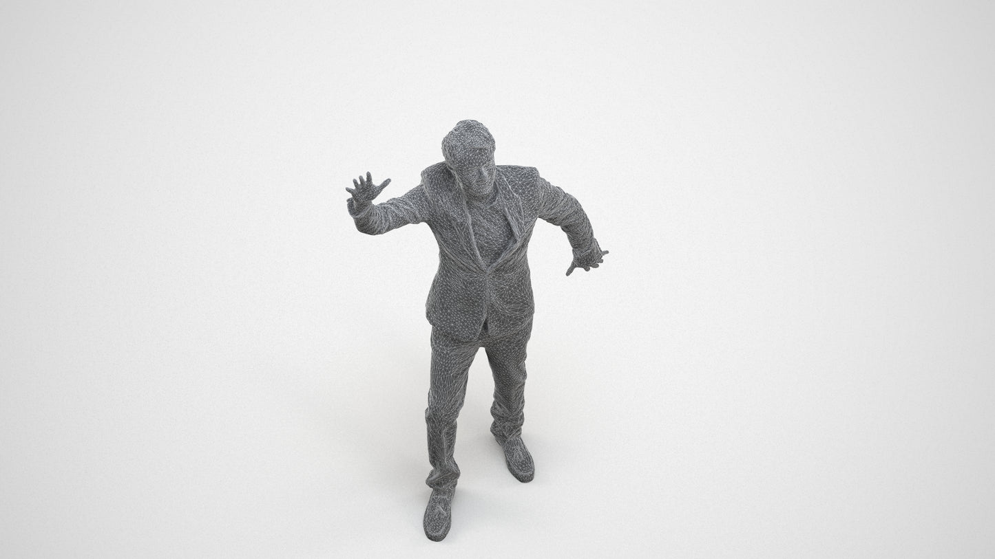 realistic 3D human man formal dancing, archviz people FBX OBJ for Blender, wireframe three-quarter view