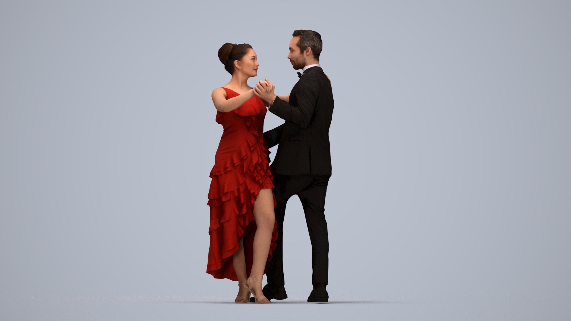 3D human model woman formal dancing, photogrammetry scanned person for archviz, top-down view render