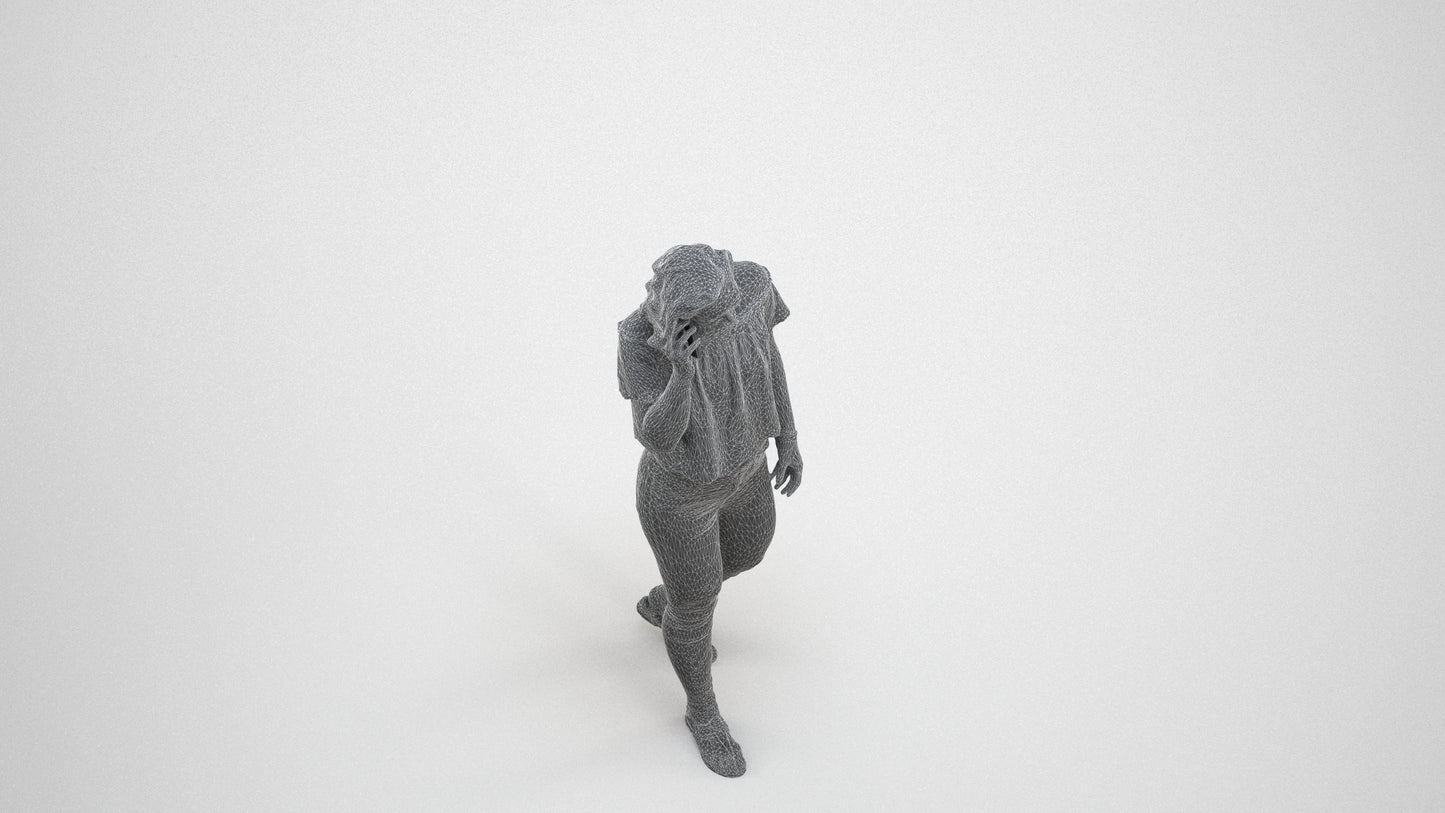 realistic 3D woman casual walking, scanned archviz people for Blender and 3ds Max, wireframe three-quarter view