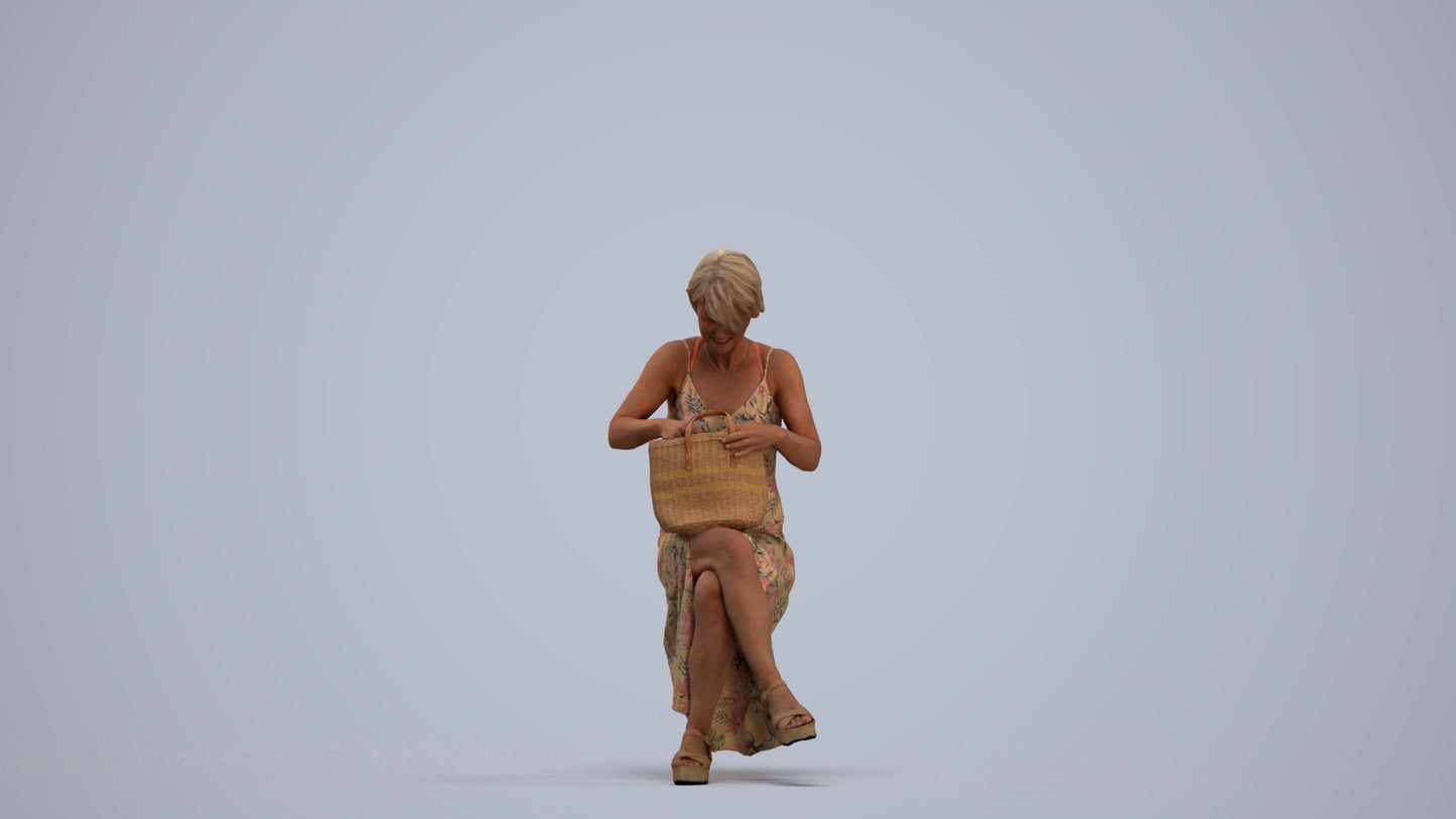 3D human model senior woman sitting, photogrammetry scanned person for archviz, standing pose render