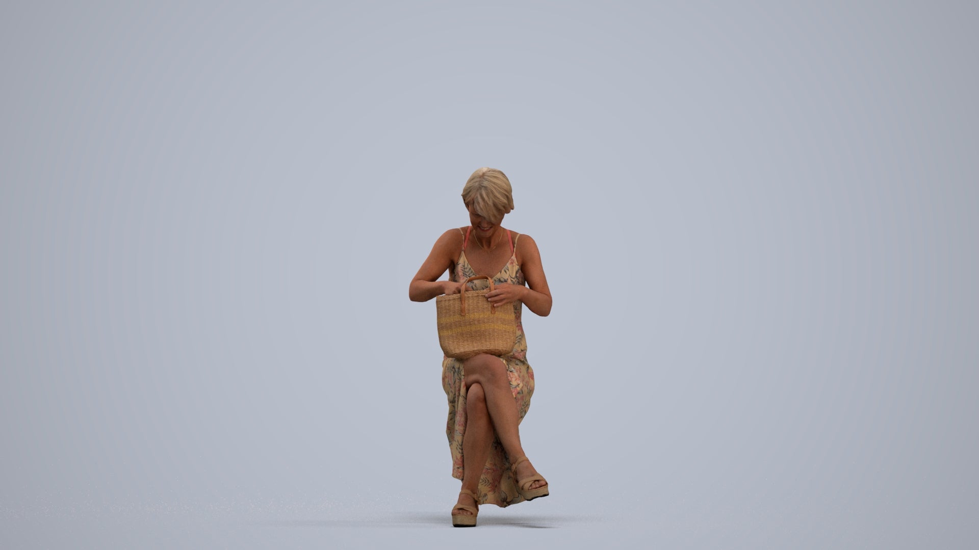 3D human model senior woman sitting, photogrammetry scanned person for archviz, standing pose render