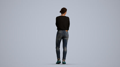 3D human model woman casual standing, photogrammetry scanned person for archviz, front view render